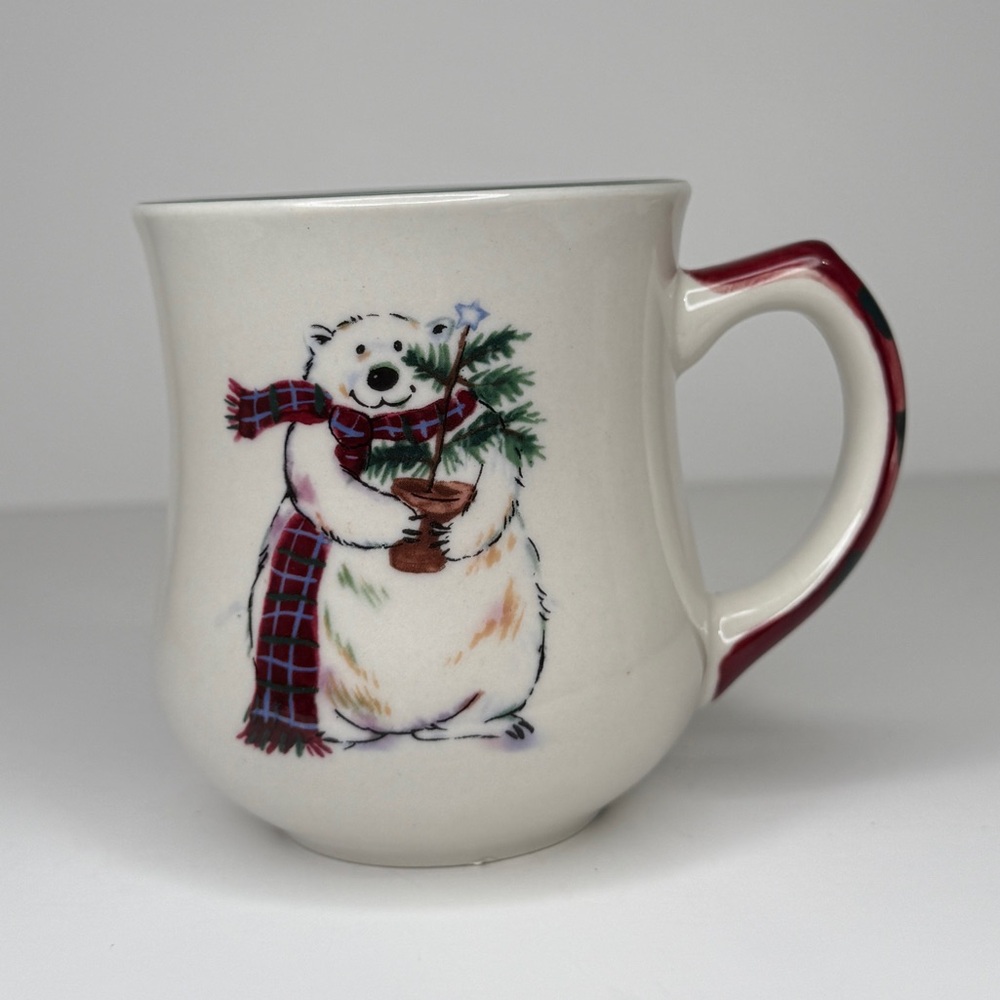 Pfaltzgraff Holiday Polar Bear w/ Potted Tree white Mug with Red & Black Handle